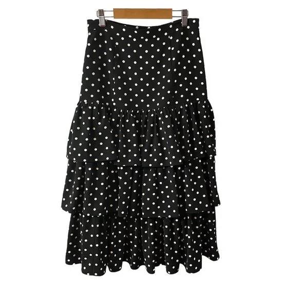 Cinq A Sept Rowena Black White Polka Dot Ruffle Tiered Midi Skirt Size 8 - Picture 1 of 9